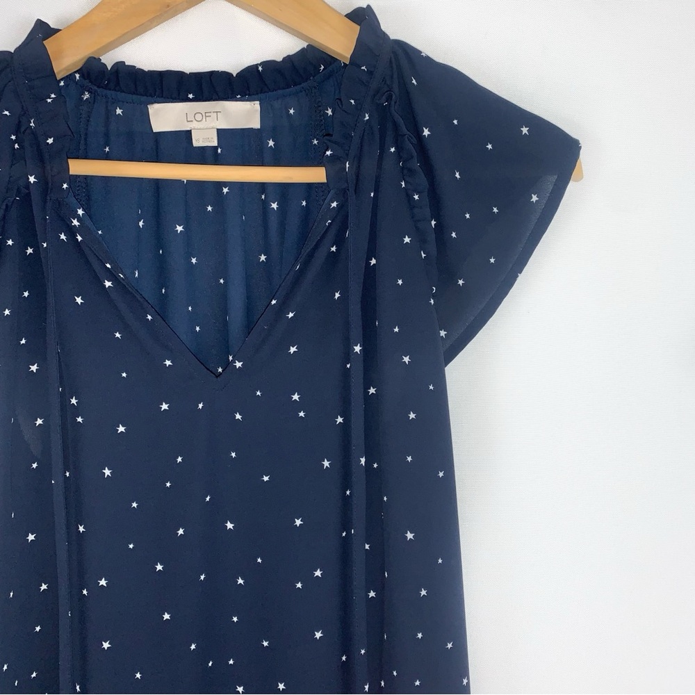 LOFT Navy Star Print Ruffle Blouse - Picture 3 of 8